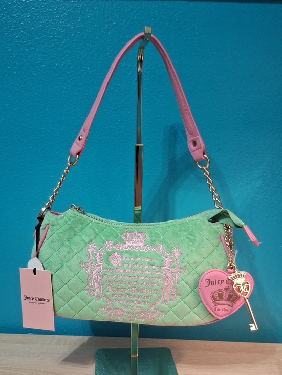 Juicy Couture Handbags - Juicy Couture TALE Retro Green Quilted Shoulder Bag with Pink Trim Y2K Nwt